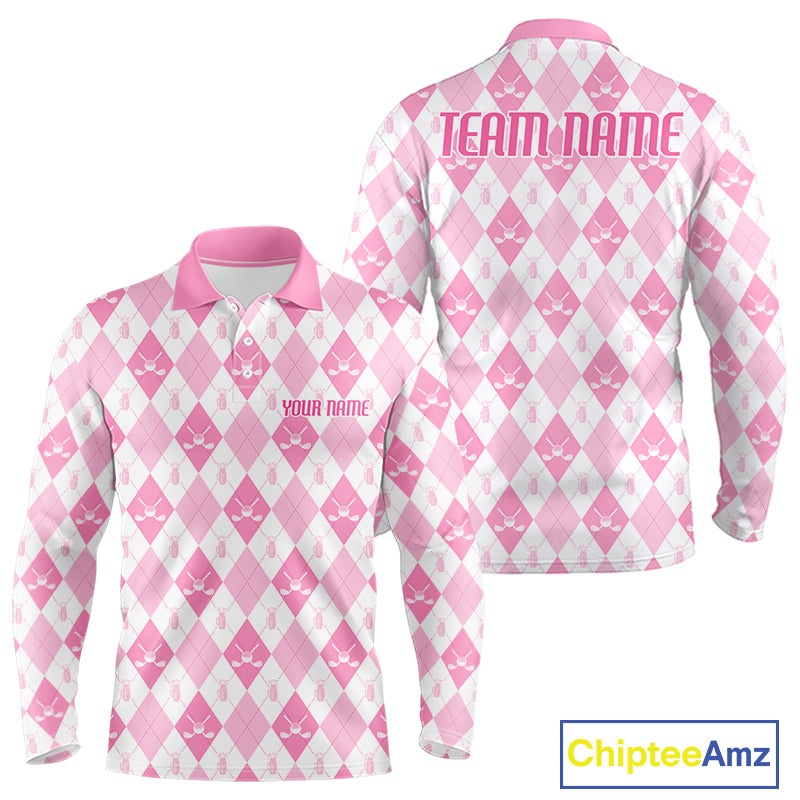Mens Golf Polo Shirt Custom White And Pink Argyle Plaid Pattern Golf Team Attire Golf Gifts NYN4293
