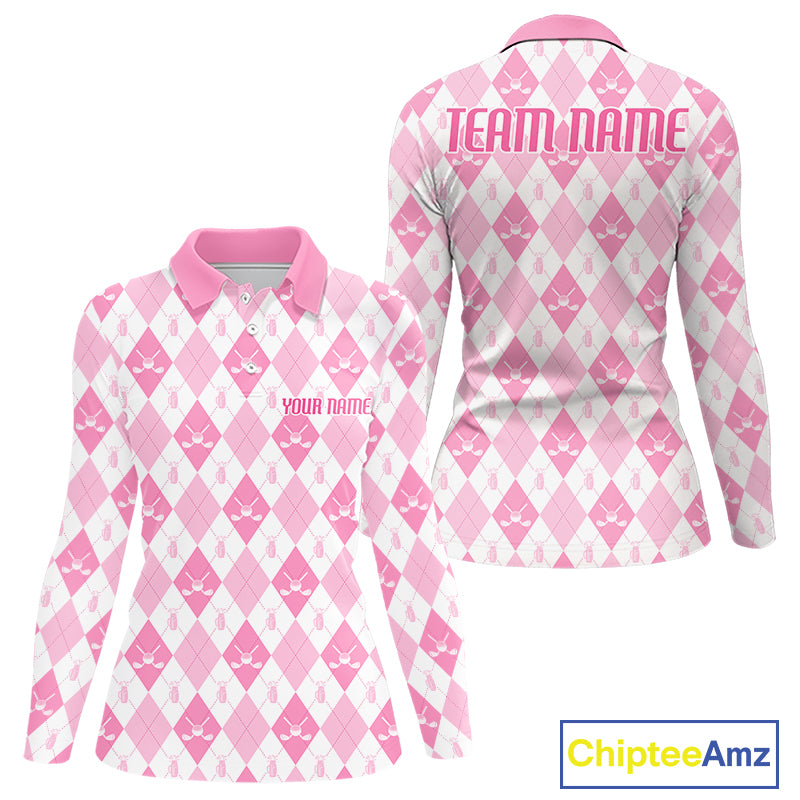Womens Golf Polo Shirt Custom White And Pink Argyle Plaid Pattern Golf Team Attire Golf Gifts NYN4293