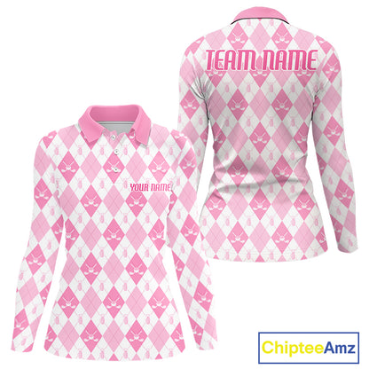 Womens Golf Polo Shirt Custom White And Pink Argyle Plaid Pattern Golf Team Attire Golf Gifts NYN4293