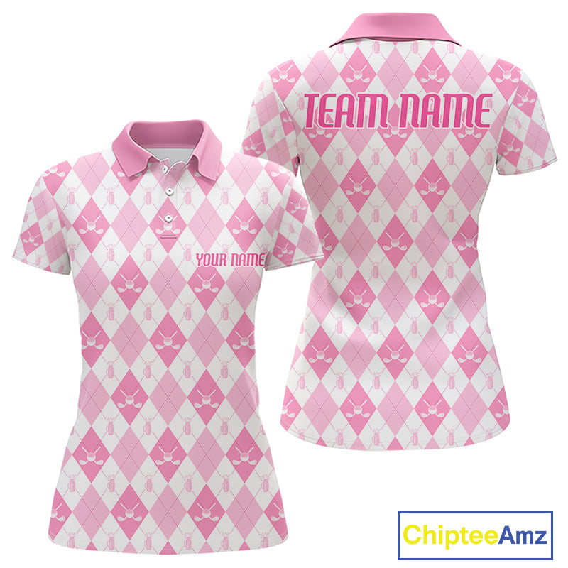 Womens Golf Polo Shirt Custom White And Pink Argyle Plaid Pattern Golf Team Attire Golf Gifts NYN4293
