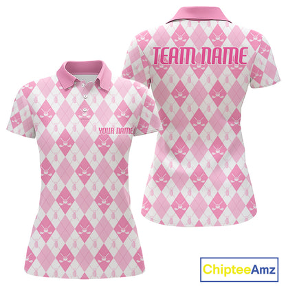 Womens Golf Polo Shirt Custom White And Pink Argyle Plaid Pattern Golf Team Attire Golf Gifts NYN4293