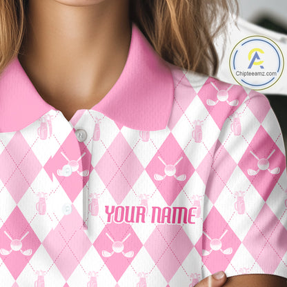 Womens Golf Polo Shirt Custom White And Pink Argyle Plaid Pattern Golf Team Attire Golf Gifts NYN4293