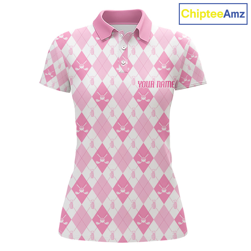 Womens Golf Polo Shirt Custom White And Pink Argyle Plaid Pattern Golf Team Attire Golf Gifts NYN4293