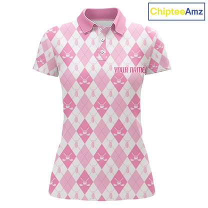 Womens Golf Polo Shirt Custom White And Pink Argyle Plaid Pattern Golf Team Attire Golf Gifts NYN4293