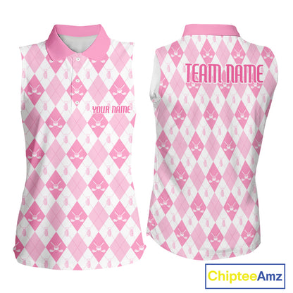 Womens Golf Sleeveless Polo Shirt Custom White And Pink Argyle Plaid Pattern Golf Team Attire Golf Gifts NYN4293