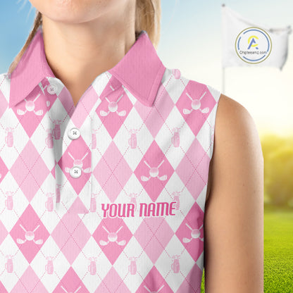 Womens Golf Sleeveless Polo Shirt Custom White And Pink Argyle Plaid Pattern Golf Team Attire Golf Gifts NYN4293