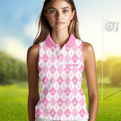 Womens Golf Sleeveless Polo Shirt Custom White And Pink Argyle Plaid Pattern Golf Team Attire Golf Gifts NYN4293