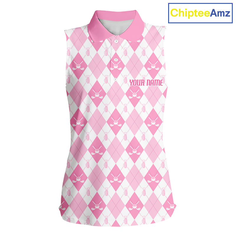 Womens Golf Sleeveless Polo Shirt Custom White And Pink Argyle Plaid Pattern Golf Team Attire Golf Gifts NYN4293