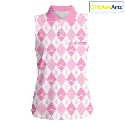 Womens Golf Sleeveless Polo Shirt Custom White And Pink Argyle Plaid Pattern Golf Team Attire Golf Gifts NYN4293