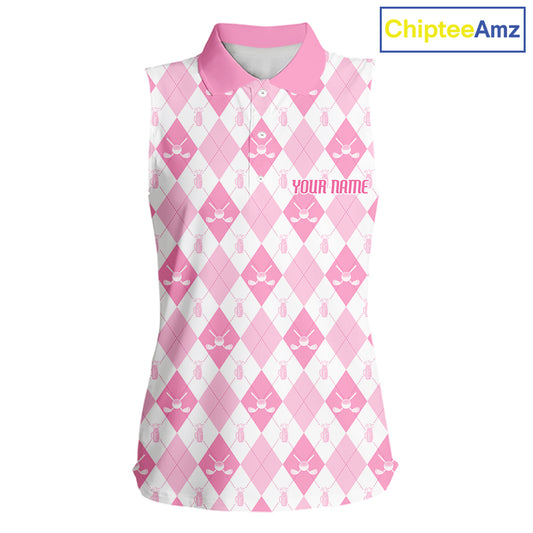 Womens Golf Sleeveless Polo Shirt Custom White And Pink Argyle Plaid Pattern Golf Team Attire Golf Gifts NYN4293