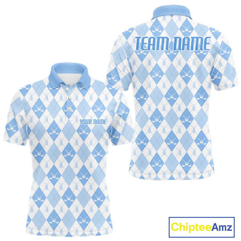Mens Golf Polo Shirt Custom White And Blue Argyle Plaid Pattern Golf Team Attire Golf Gifts NYN4294