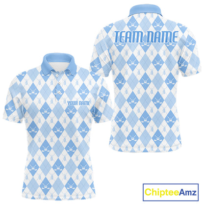 Mens Golf Polo Shirt Custom White And Blue Argyle Plaid Pattern Golf Team Attire Golf Gifts NYN4294
