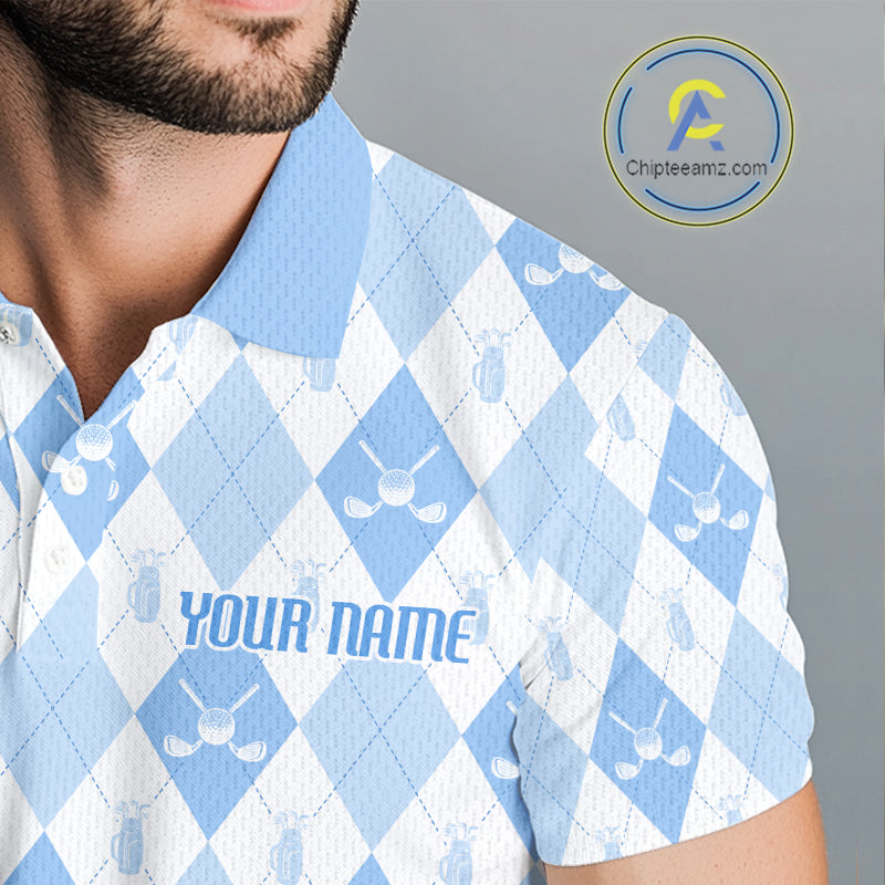 Mens Golf Polo Shirt Custom White And Blue Argyle Plaid Pattern Golf Team Attire Golf Gifts NYN4294