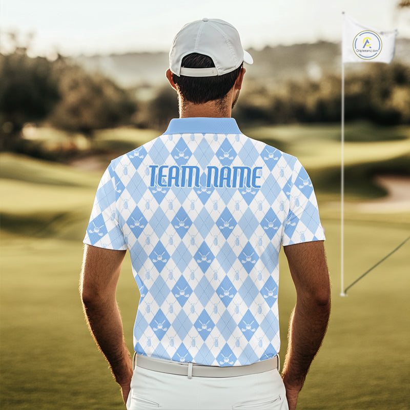 Mens Golf Polo Shirt Custom White And Blue Argyle Plaid Pattern Golf Team Attire Golf Gifts NYN4294