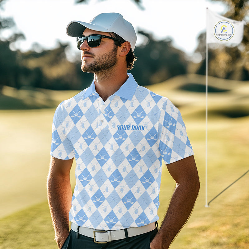 Mens Golf Polo Shirt Custom White And Blue Argyle Plaid Pattern Golf Team Attire Golf Gifts NYN4294