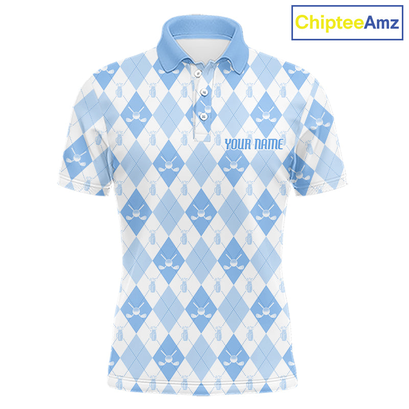Mens Golf Polo Shirt Custom White And Blue Argyle Plaid Pattern Golf Team Attire Golf Gifts NYN4294