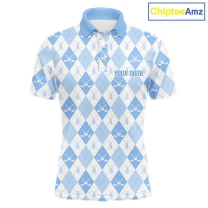 Mens Golf Polo Shirt Custom White And Blue Argyle Plaid Pattern Golf Team Attire Golf Gifts NYN4294