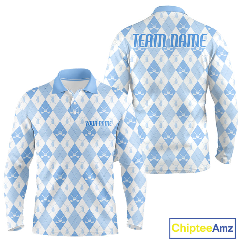 Mens Golf Polo Shirt Custom White And Blue Argyle Plaid Pattern Golf Team Attire Golf Gifts NYN4294