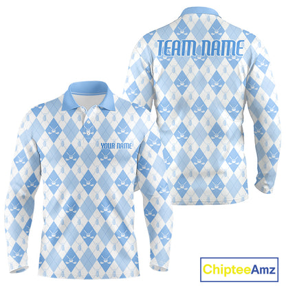 Mens Golf Polo Shirt Custom White And Blue Argyle Plaid Pattern Golf Team Attire Golf Gifts NYN4294