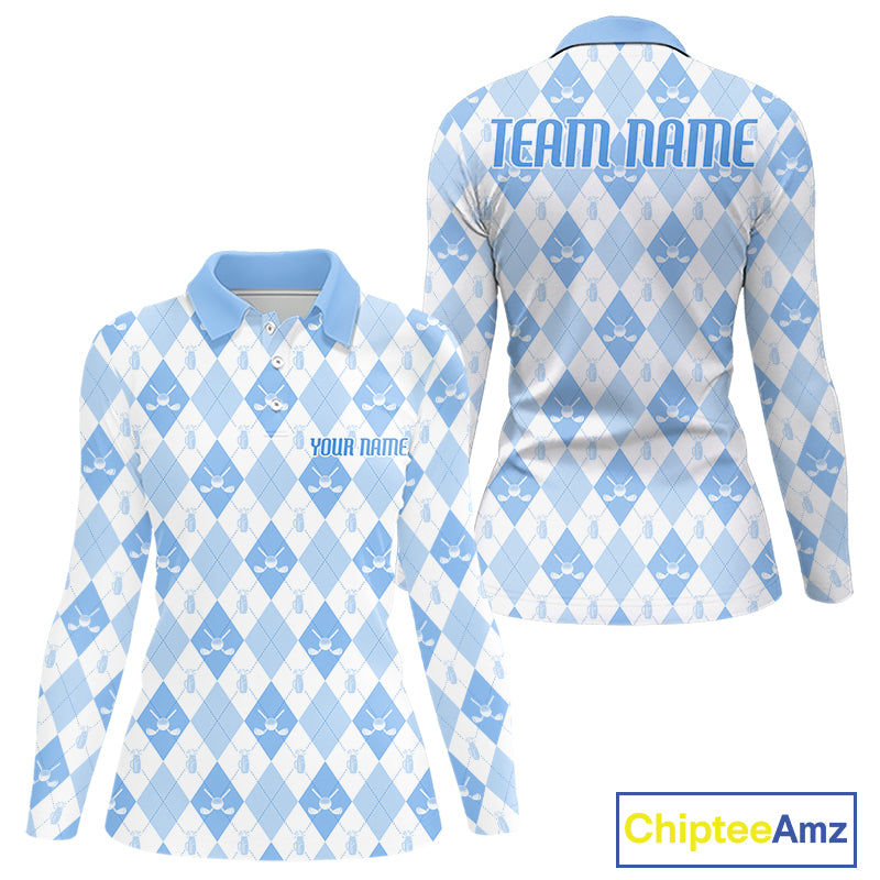Womens Golf Polo Shirt Custom White And Blue Argyle Plaid Pattern Golf Team Attire Golf Gifts NYN4294