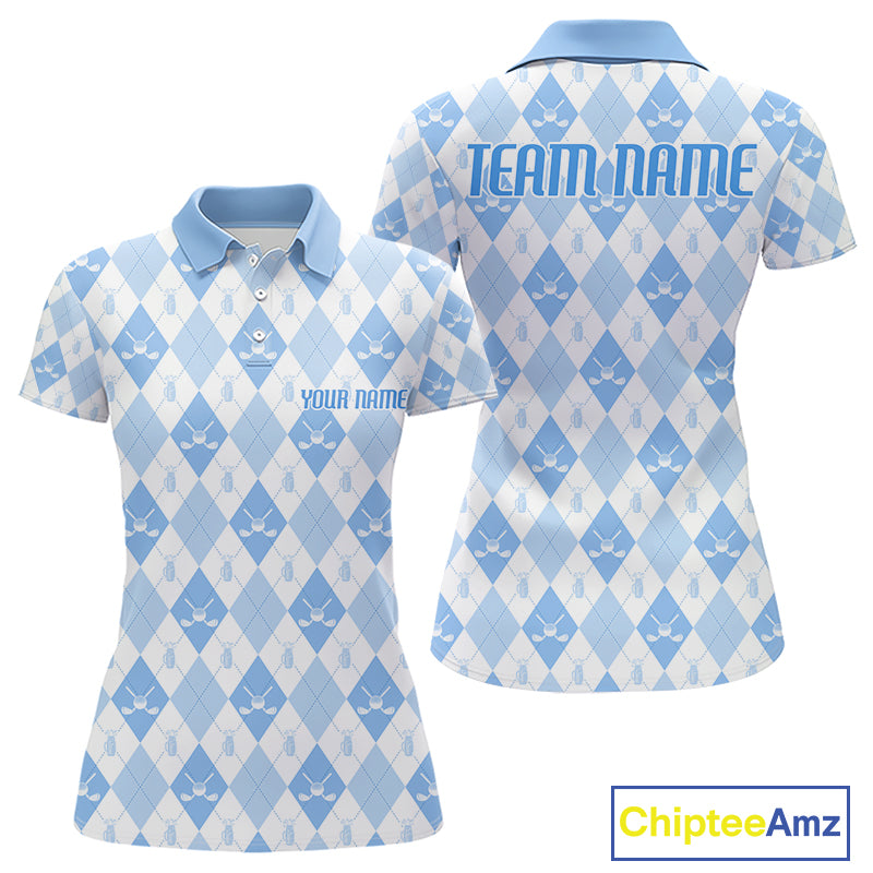 Womens Golf Polo Shirt Custom White And Blue Argyle Plaid Pattern Golf Team Attire Golf Gifts NYN4294