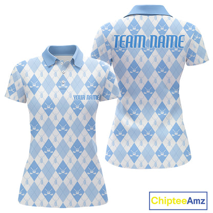Womens Golf Polo Shirt Custom White And Blue Argyle Plaid Pattern Golf Team Attire Golf Gifts NYN4294