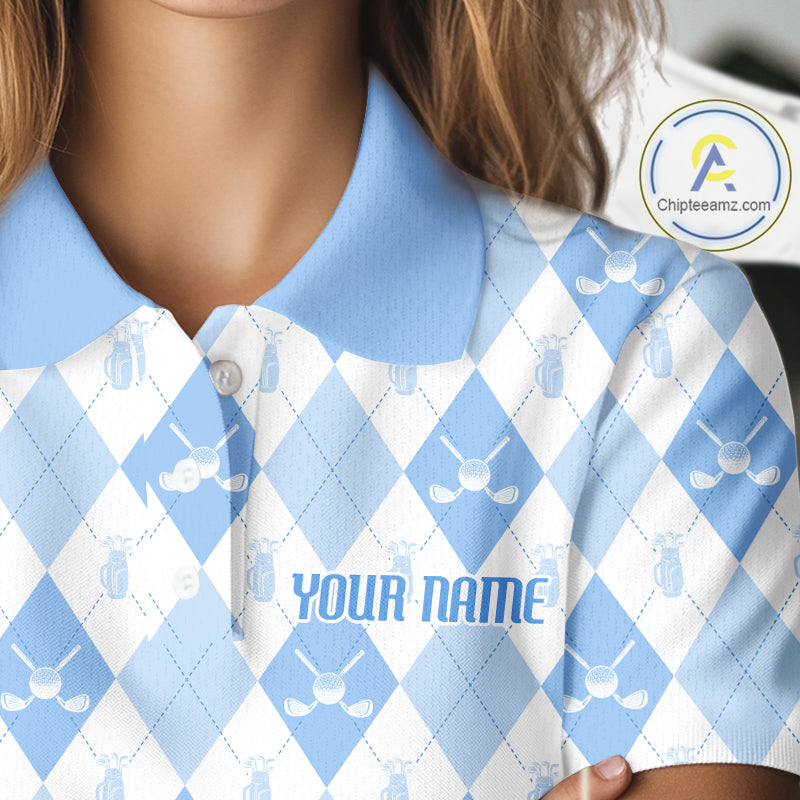 Womens Golf Polo Shirt Custom White And Blue Argyle Plaid Pattern Golf Team Attire Golf Gifts NYN4294