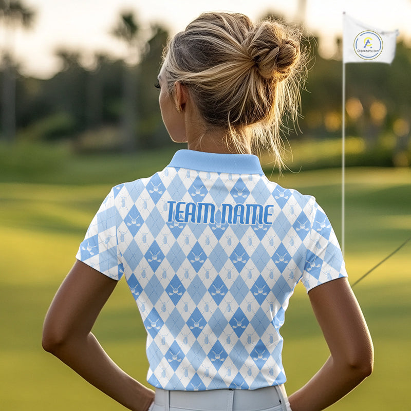 Womens Golf Polo Shirt Custom White And Blue Argyle Plaid Pattern Golf Team Attire Golf Gifts NYN4294
