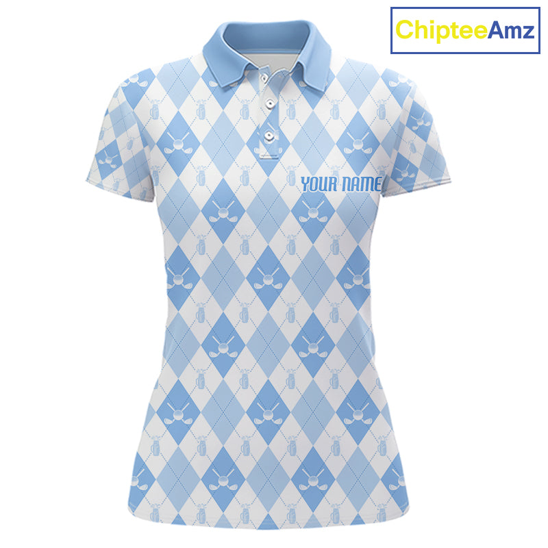 Womens Golf Polo Shirt Custom White And Blue Argyle Plaid Pattern Golf Team Attire Golf Gifts NYN4294