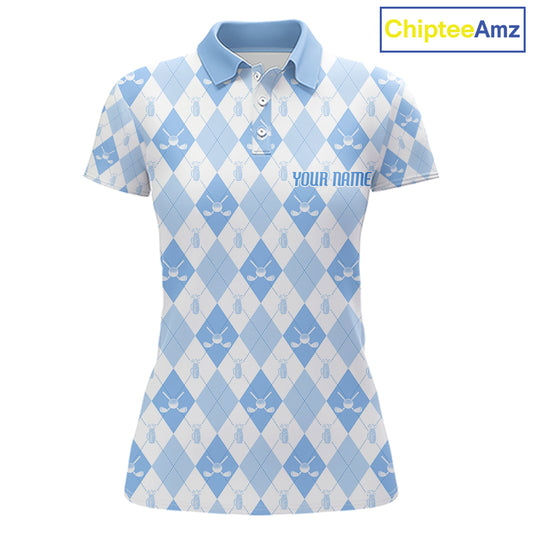 Womens Golf Polo Shirt Custom White And Blue Argyle Plaid Pattern Golf Team Attire Golf Gifts NYN4294