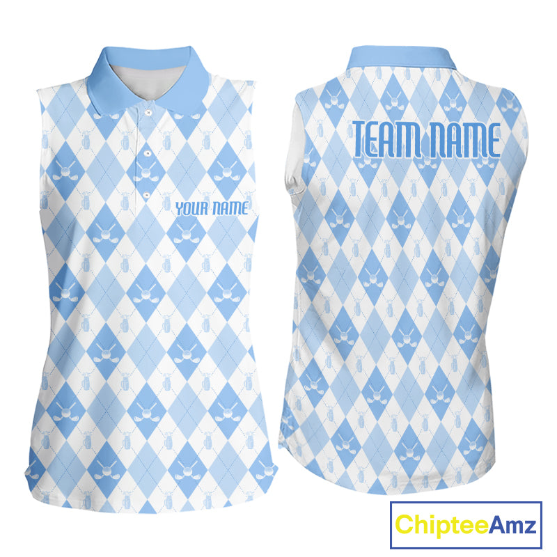 Womens Golf Sleeveless Polo Shirt Custom White And Blue Argyle Plaid Pattern Golf Team Attire Golf Gifts NYN4294