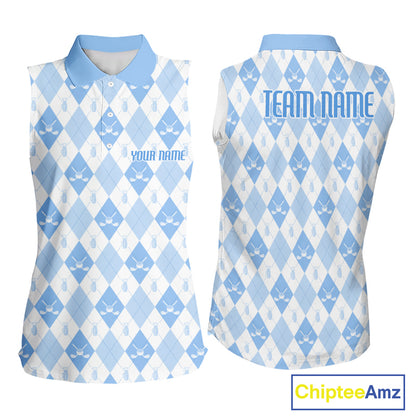Womens Golf Sleeveless Polo Shirt Custom White And Blue Argyle Plaid Pattern Golf Team Attire Golf Gifts NYN4294