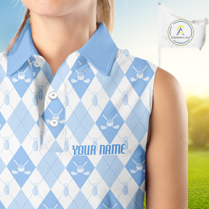 Womens Golf Sleeveless Polo Shirt Custom White And Blue Argyle Plaid Pattern Golf Team Attire Golf Gifts NYN4294