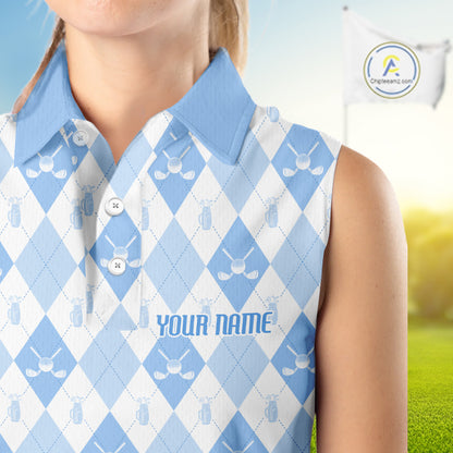 Womens Golf Sleeveless Polo Shirt Custom White And Blue Argyle Plaid Pattern Golf Team Attire Golf Gifts NYN4294