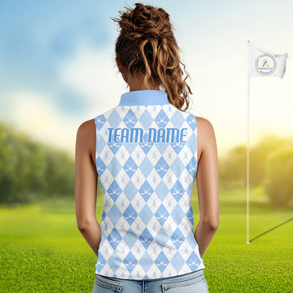 Womens Golf Sleeveless Polo Shirt Custom White And Blue Argyle Plaid Pattern Golf Team Attire Golf Gifts NYN4294