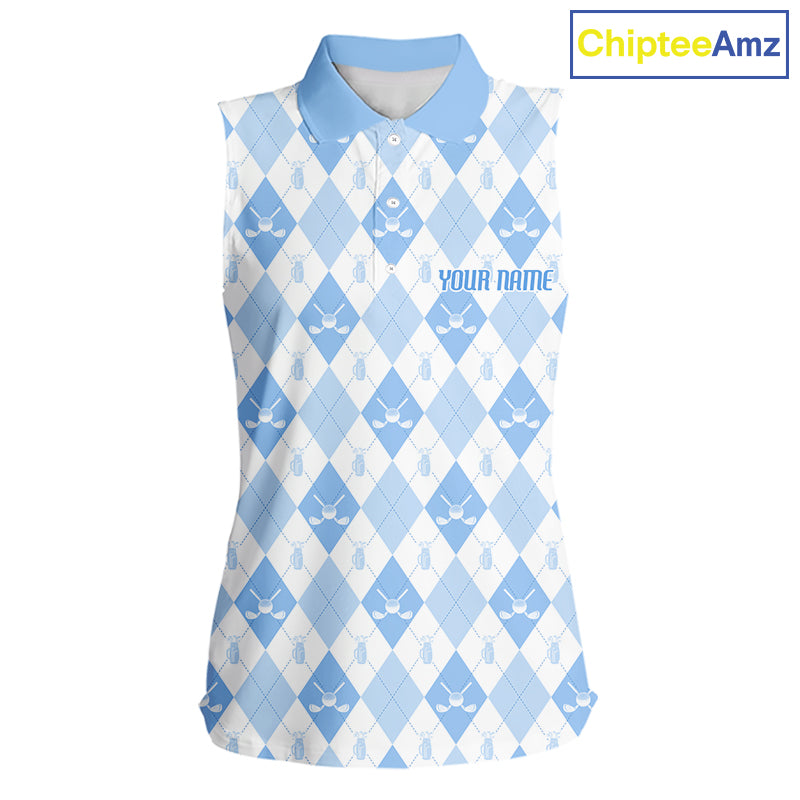 Womens Golf Sleeveless Polo Shirt Custom White And Blue Argyle Plaid Pattern Golf Team Attire Golf Gifts NYN4294