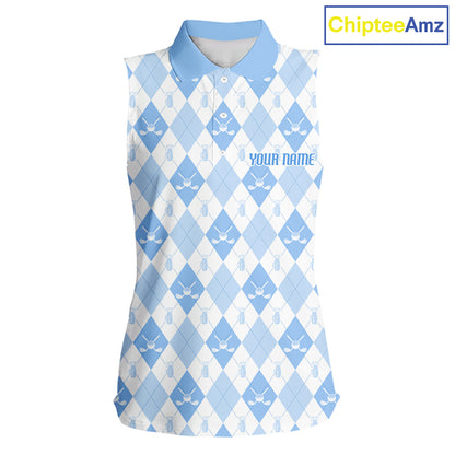 Womens Golf Sleeveless Polo Shirt Custom White And Blue Argyle Plaid Pattern Golf Team Attire Golf Gifts NYN4294