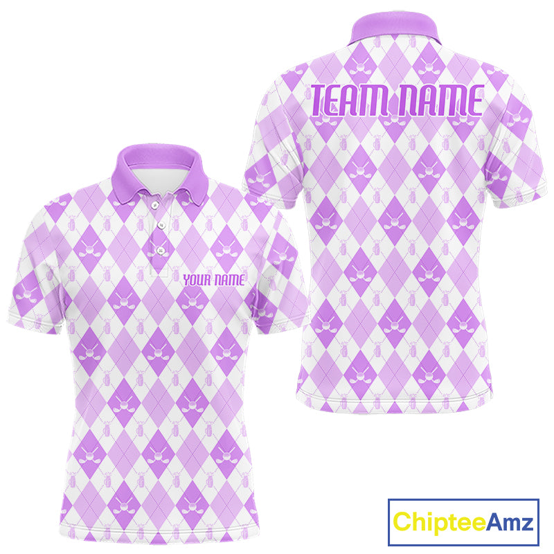 Mens Golf Polo Shirt Custom White And Purple Argyle Plaid Pattern Golf Team Attire Golf Gifts NYN4295