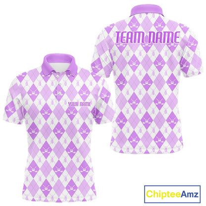 Mens Golf Polo Shirt Custom White And Purple Argyle Plaid Pattern Golf Team Attire Golf Gifts NYN4295