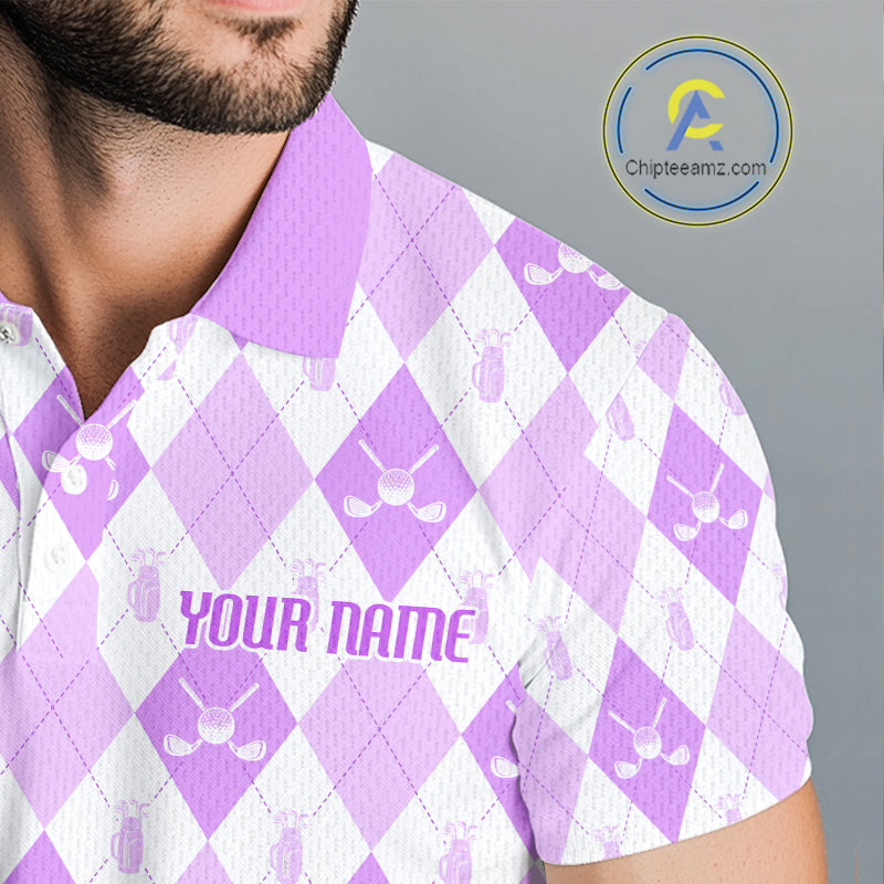 Mens Golf Polo Shirt Custom White And Purple Argyle Plaid Pattern Golf Team Attire Golf Gifts NYN4295