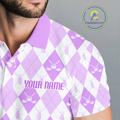 Mens Golf Polo Shirt Custom White And Purple Argyle Plaid Pattern Golf Team Attire Golf Gifts NYN4295