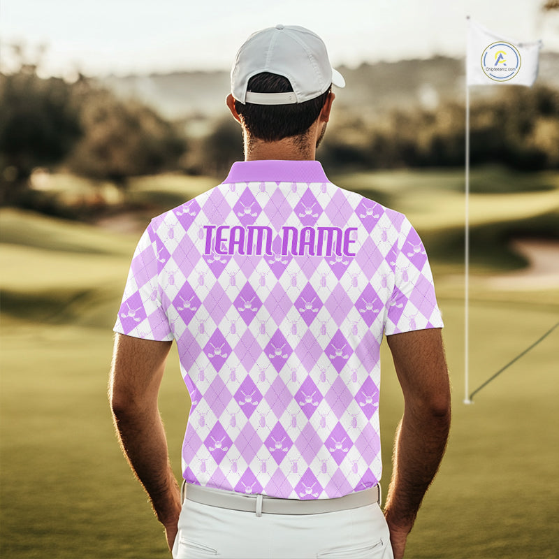 Mens Golf Polo Shirt Custom White And Purple Argyle Plaid Pattern Golf Team Attire Golf Gifts NYN4295