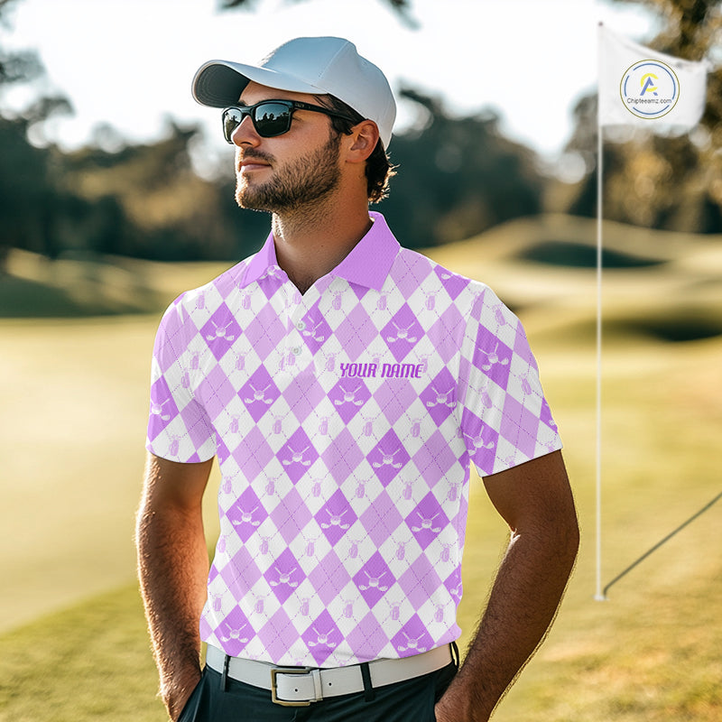 Mens Golf Polo Shirt Custom White And Purple Argyle Plaid Pattern Golf Team Attire Golf Gifts NYN4295
