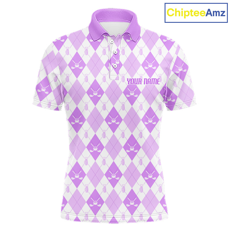 Mens Golf Polo Shirt Custom White And Purple Argyle Plaid Pattern Golf Team Attire Golf Gifts NYN4295