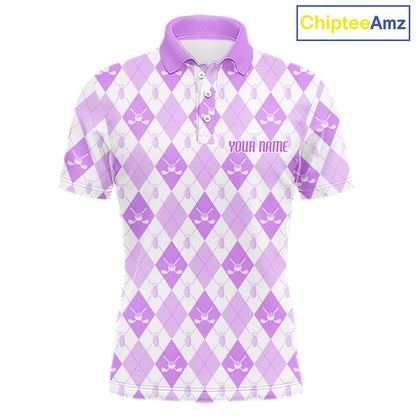 Mens Golf Polo Shirt Custom White And Purple Argyle Plaid Pattern Golf Team Attire Golf Gifts NYN4295