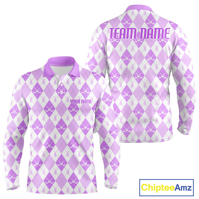 Mens Golf Polo Shirt Custom White And Purple Argyle Plaid Pattern Golf Team Attire Golf Gifts NYN4295