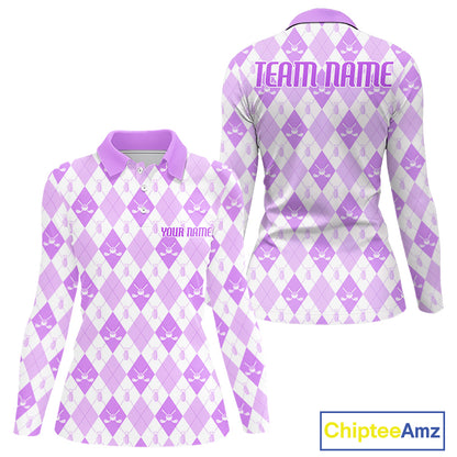 Womens Golf Polo Shirt Custom White And Purple Argyle Plaid Pattern Golf Team Attire Golf Gifts NYN4295