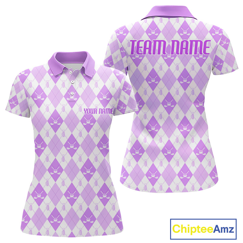 Womens Golf Polo Shirt Custom White And Purple Argyle Plaid Pattern Golf Team Attire Golf Gifts NYN4295