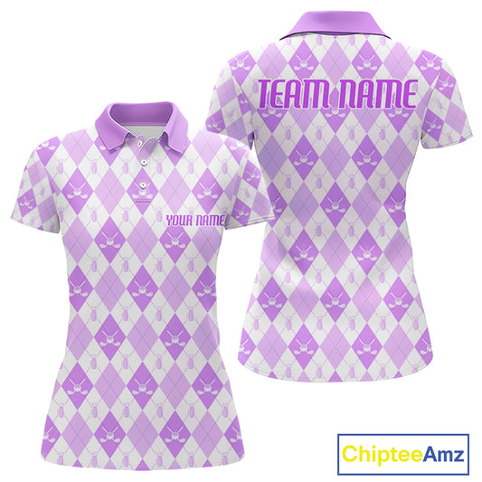 Womens Golf Polo Shirt Custom White And Purple Argyle Plaid Pattern Golf Team Attire Golf Gifts NYN4295