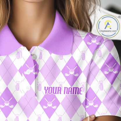Womens Golf Polo Shirt Custom White And Purple Argyle Plaid Pattern Golf Team Attire Golf Gifts NYN4295